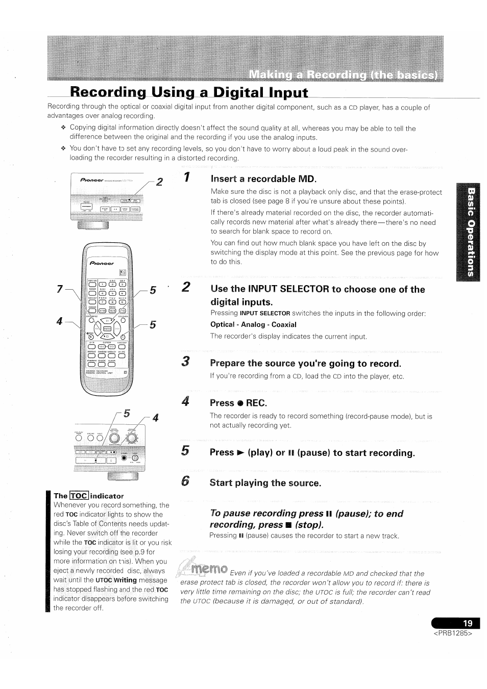 Igital input, Insert a recordable md, 3 prepare the source you're going to record | 4 press • rec, Press ► (play) or ii (pause) to start recording, Start playing the source, Pause); to end recording, press, Stop), Prepare the source you're going to record, Press • rec | Pioneer MJ-D508 User Manual | Page 19 / 48