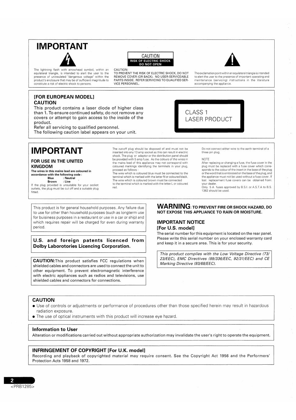 Important, Warning, Class 1 laser product | Pioneer MJ-D508 User Manual | Page 2 / 48