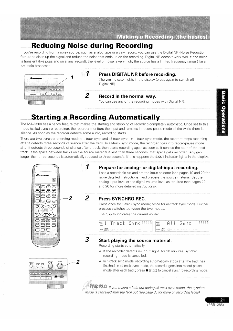 Reducing noise during recording, Press digital nr before recording, Record in the normal way | Starting a recording automatically, Prepare for analog- or digital-input recording, Press synchro rec, Start playing the source material, Menw | Pioneer MJ-D508 User Manual | Page 21 / 48