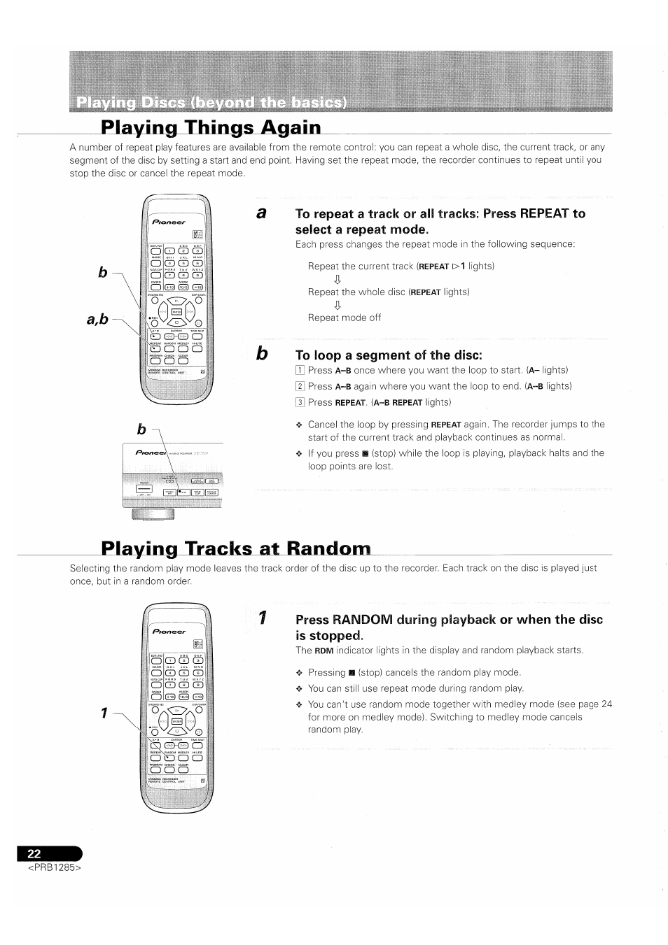 Playing things again, To loop a segment of the disc, Playing tracks at random | S oh ii 5 scds 1, Gdcd, Ve^/ t : f, O^tzt, O" : d;so o ( :0 | Pioneer MJ-D508 User Manual | Page 22 / 48
