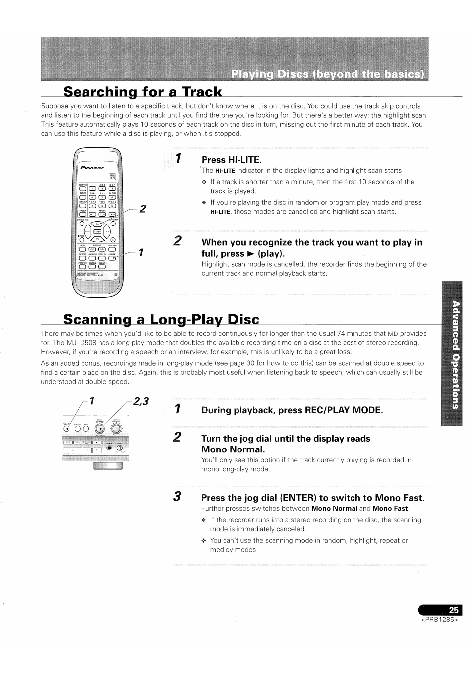 Track, Press hi-lite, During playback, press rec/play mode | Press the jog dial (enter) to switch to mono fast, Scanning a long-play disc | Pioneer MJ-D508 User Manual | Page 25 / 48