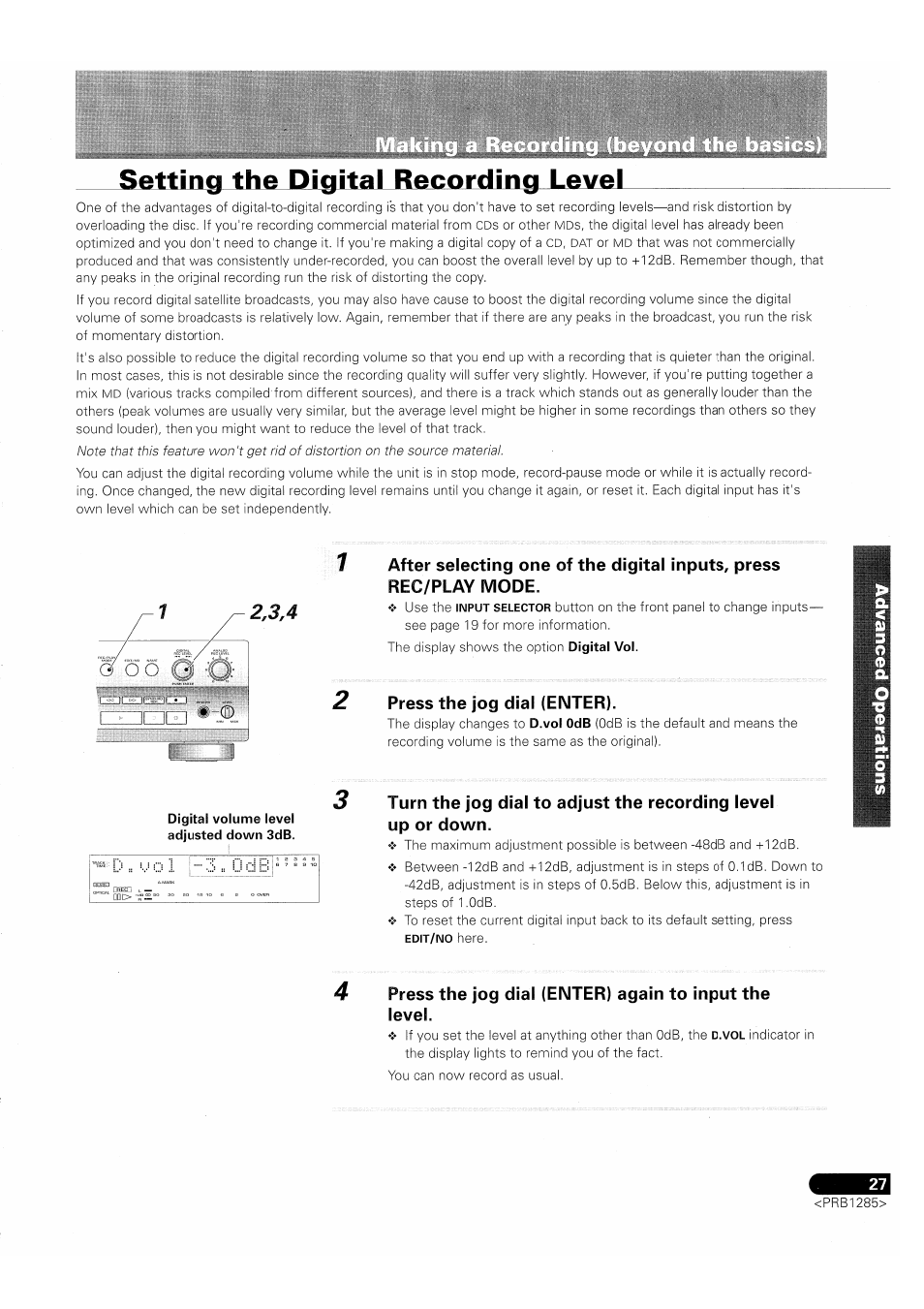 Setting the digital recording level, Press the jog dial (enter) | Pioneer MJ-D508 User Manual | Page 27 / 48