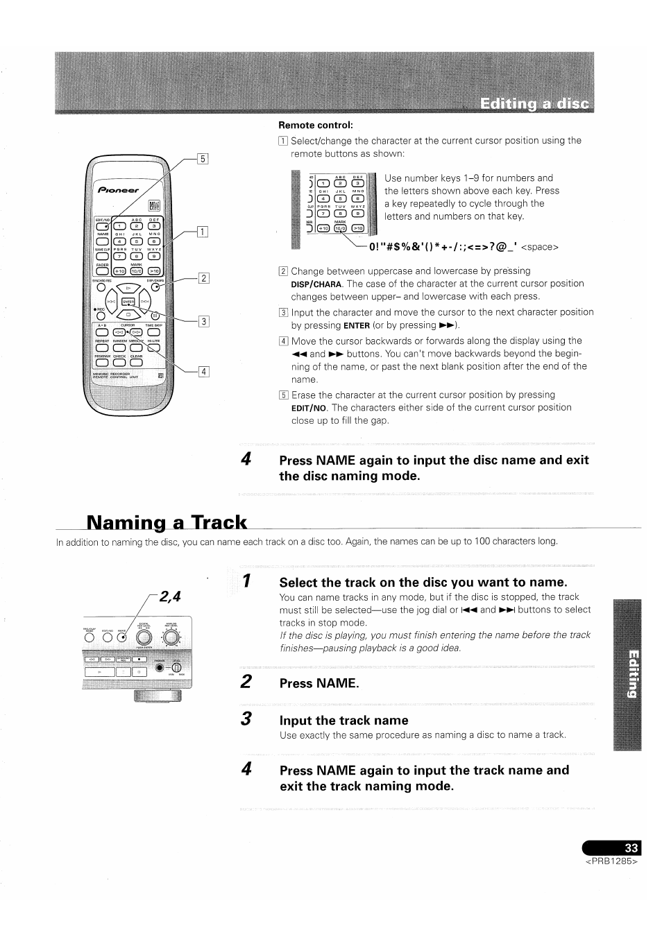 Remote control, Naming.a track, Select the track on the disc you want to name | Press name, Input the track name | Pioneer MJ-D508 User Manual | Page 33 / 48