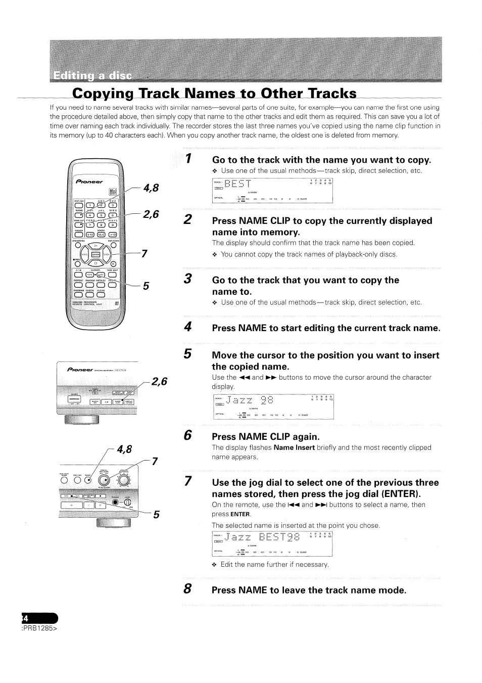 Copying track, Tracks, 7 go to the track with the name you want to copy | Go to the track that you want to copy the name to, Press name to start editing the current track name, Press name clip again, 8 press name to leave the track name mode, Copying track tracks | Pioneer MJ-D508 User Manual | Page 34 / 48