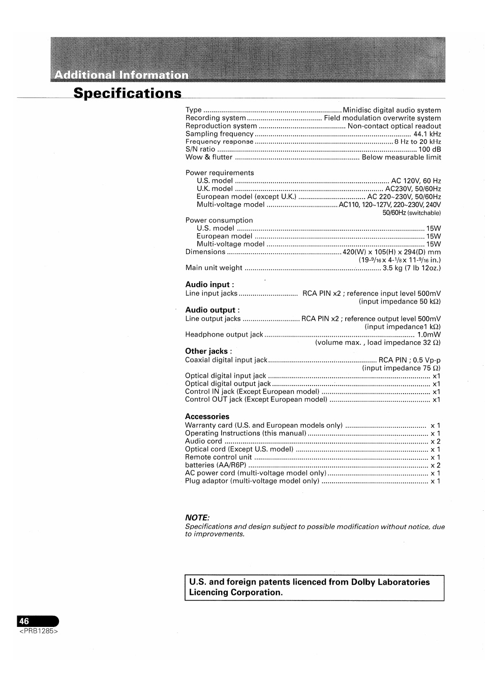 Specifications | Pioneer MJ-D508 User Manual | Page 46 / 48