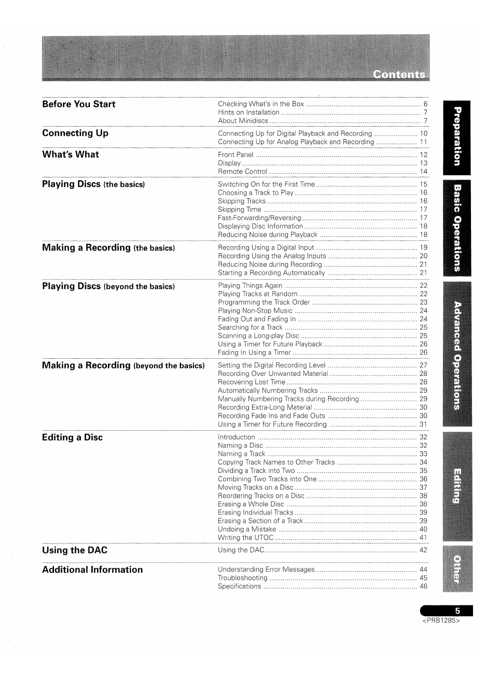 Before you start, Connecting up, What's what | Playing discs, Making a recording, Editing a disc, Using the dac, Additional information | Pioneer MJ-D508 User Manual | Page 5 / 48