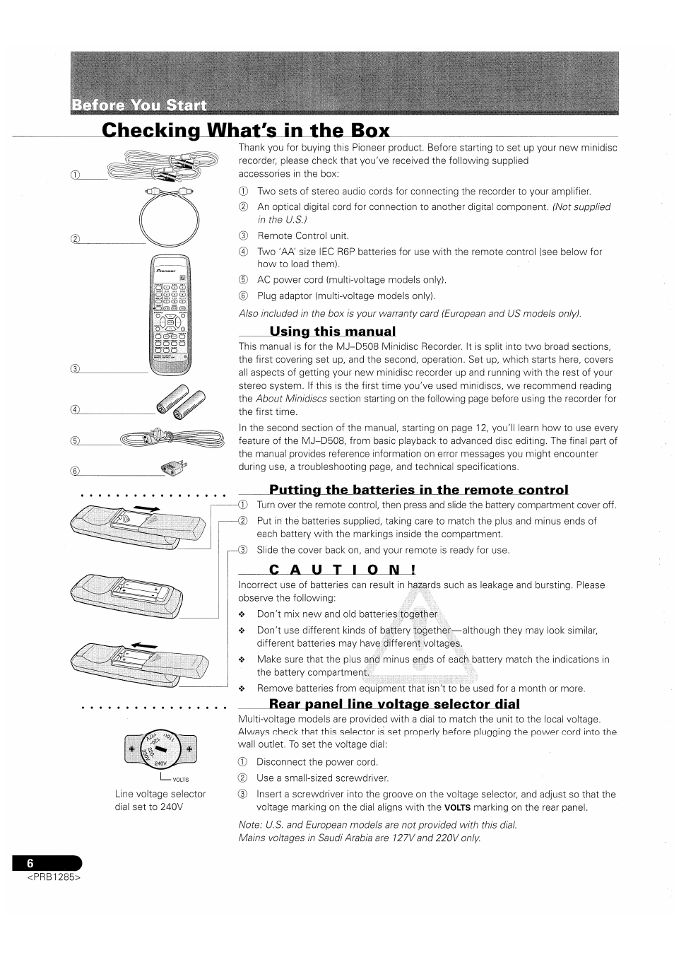 Using this manual, Putting the batteries in the remote control, Rear panel line voltage selector dial | Pioneer MJ-D508 User Manual | Page 6 / 48