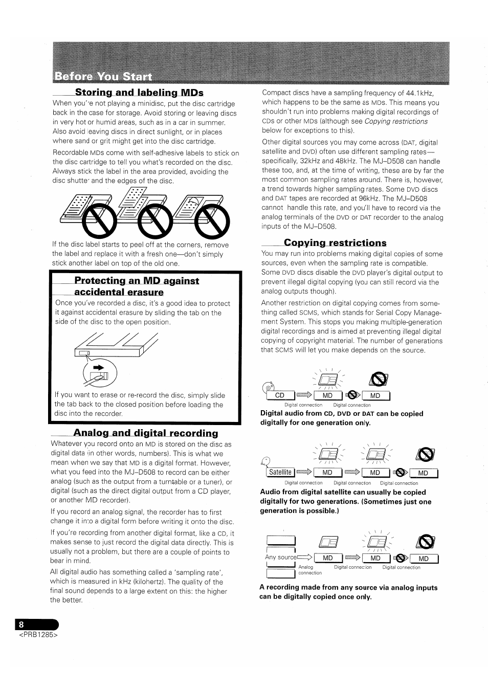 Storing and labeling mds, Protecting an md against ____ accidental erasure, Analog and digital recording | Copying restrictions | Pioneer MJ-D508 User Manual | Page 8 / 48