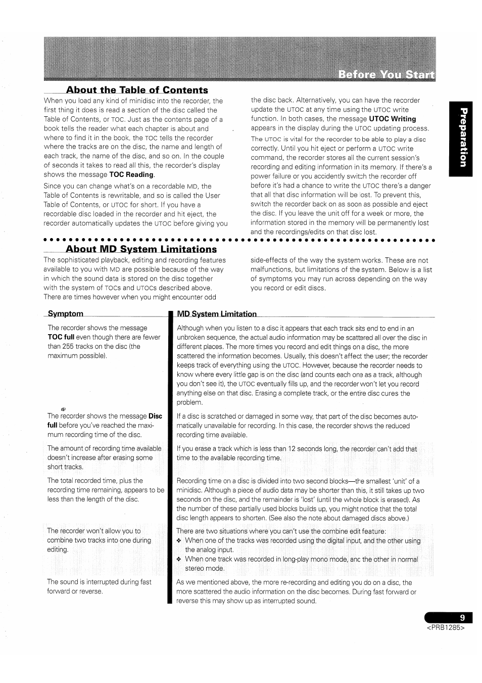 About the table of contents, About md system limitations, Symptom md system limitation | Pioneer MJ-D508 User Manual | Page 9 / 48