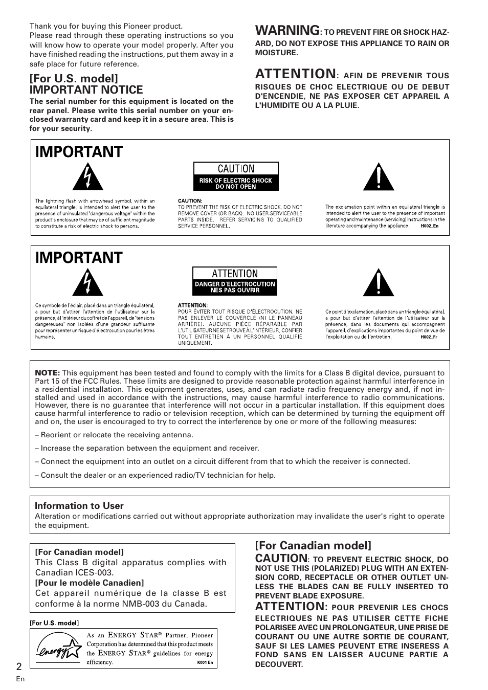 Warning, Attention, For u.s. model] important notice | For canadian model] caution | Pioneer M-10X User Manual | Page 2 / 12