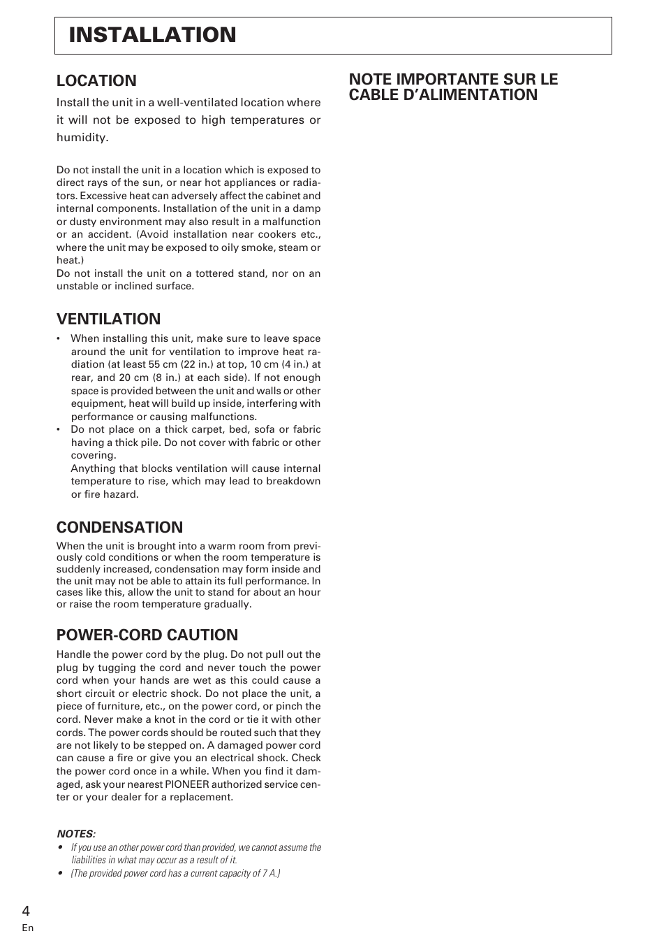 Installation, Location, Ventilation | Condensation, Power-cord caution | Pioneer M-10X User Manual | Page 4 / 12