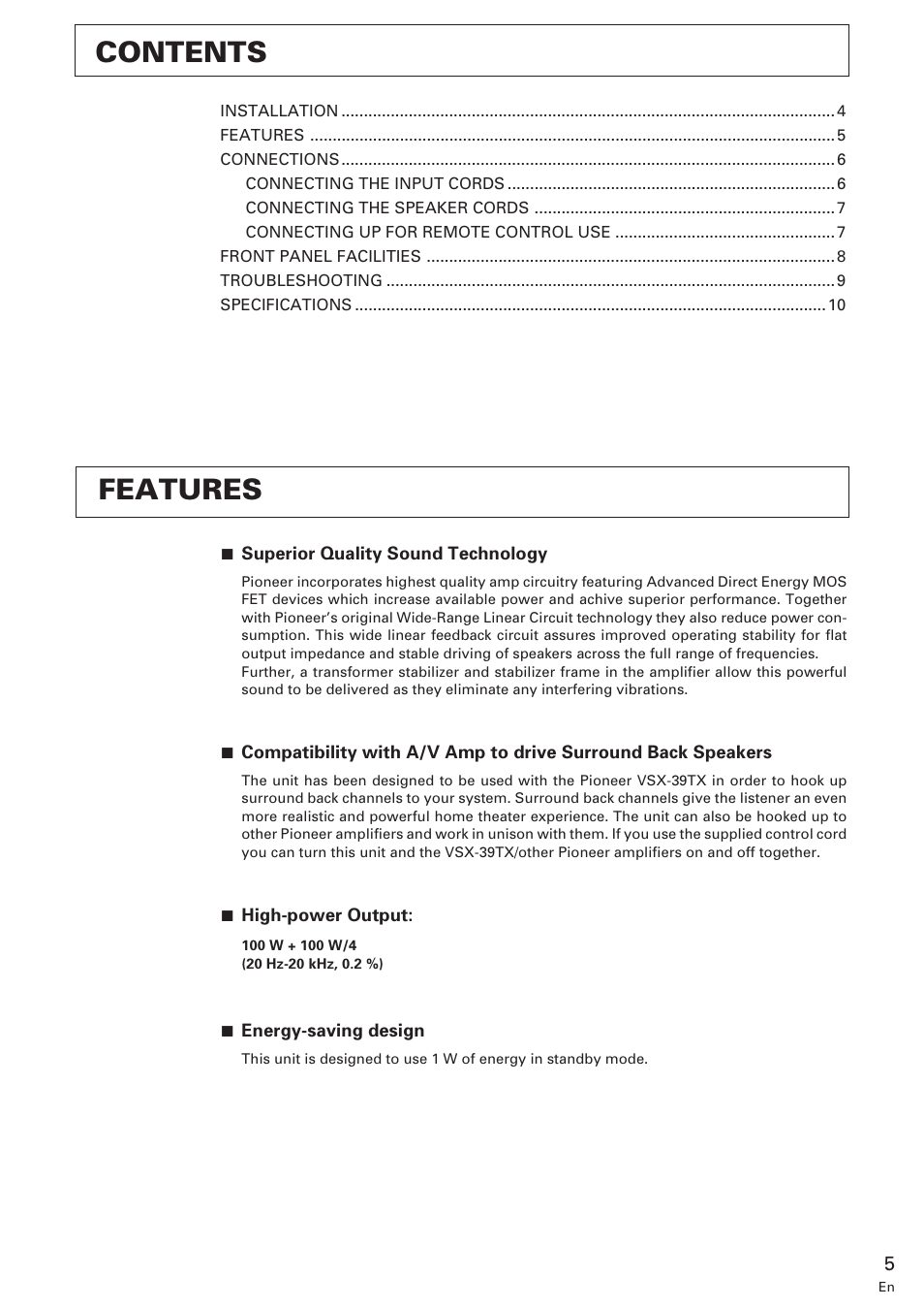 Contents features | Pioneer M-10X User Manual | Page 5 / 12
