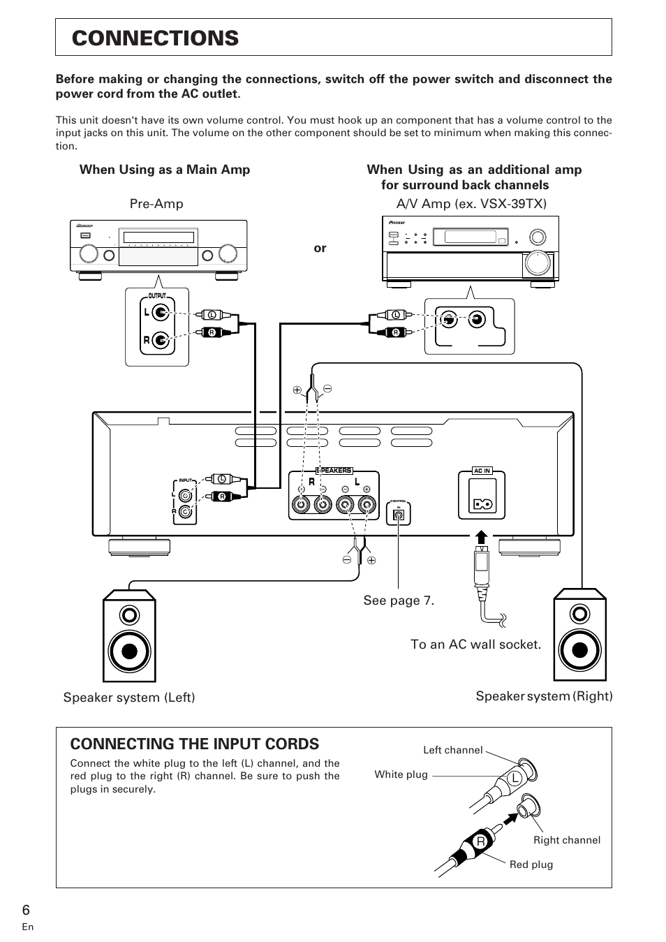 Connections, Connecting the input cords | Pioneer M-10X User Manual | Page 6 / 12