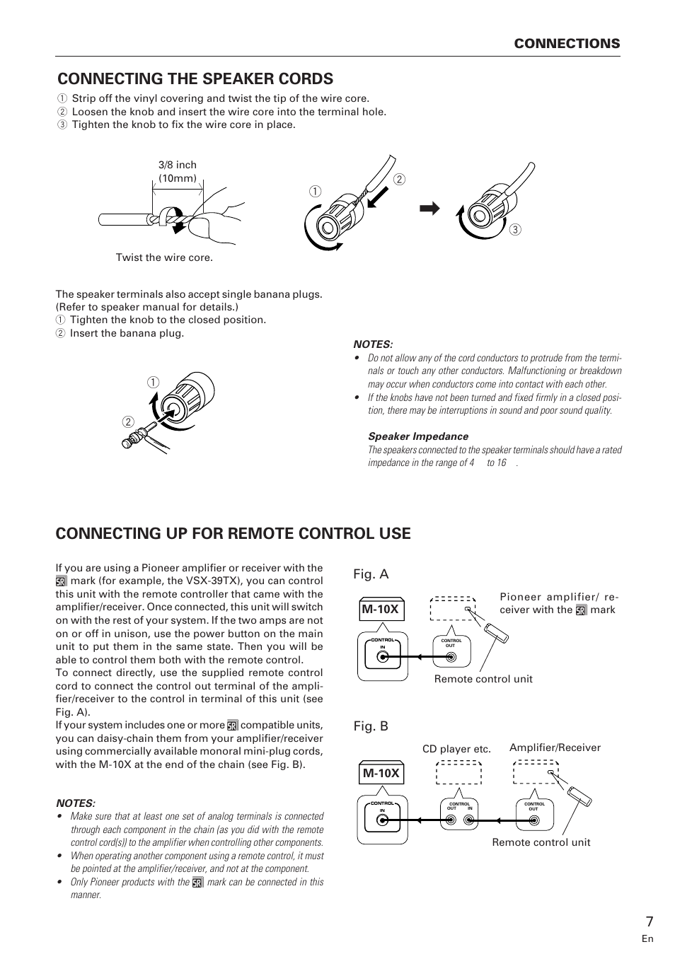 Connecting the speaker cords, Connecting up for remote control use, Connections | Fig. a fig. b 1 2 | Pioneer M-10X User Manual | Page 7 / 12