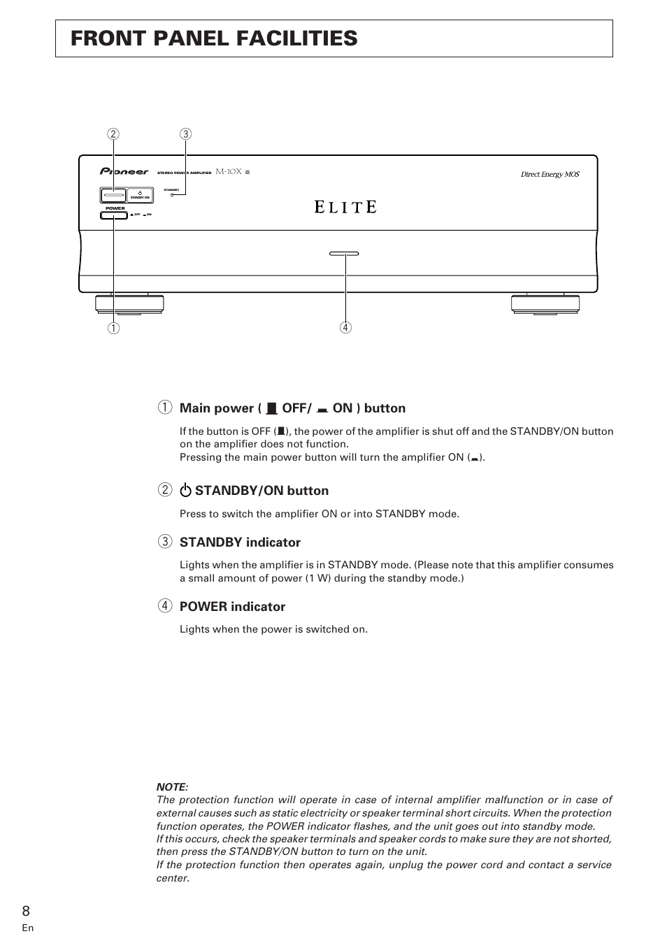 Front panel facilities | Pioneer M-10X User Manual | Page 8 / 12
