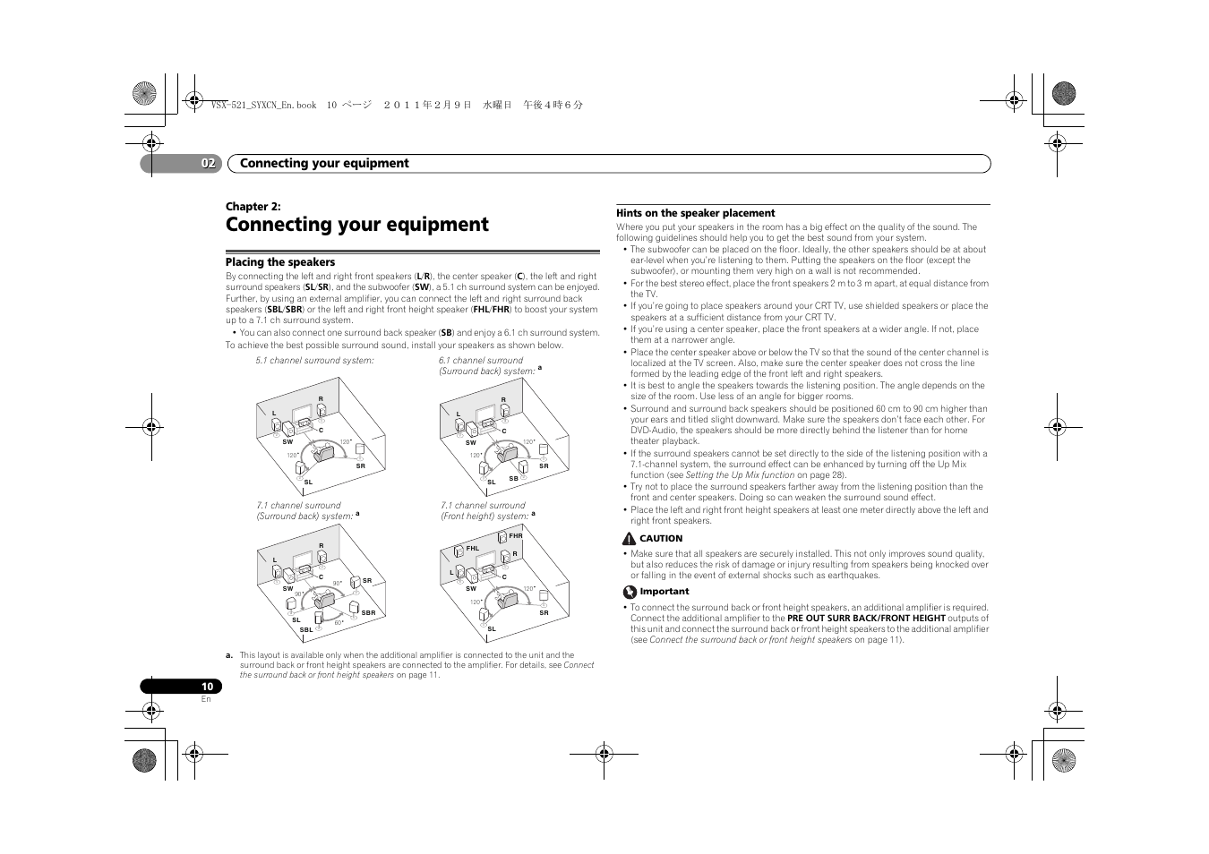 02 connecting your equipment, Placing the speakers, Hints on the speaker placement | Connecting your equipment, Connecting your equipment 02 | Pioneer VSX-521 User Manual | Page 10 / 40