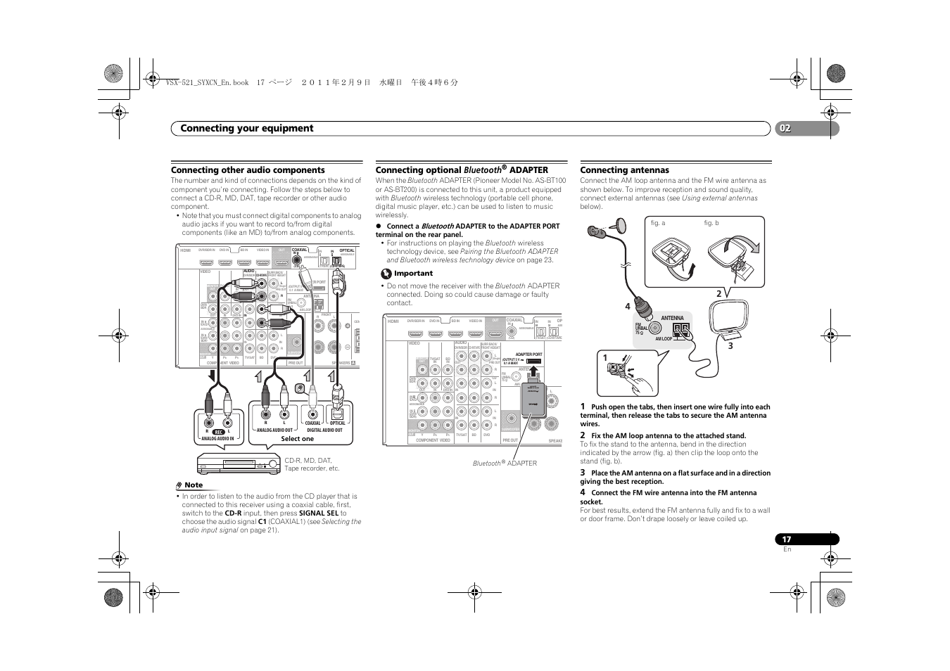 Connecting other audio components, Connecting optional bluetooth, Adapter | Connecting antennas, Connecting your equipment | Pioneer VSX-521 User Manual | Page 17 / 40
