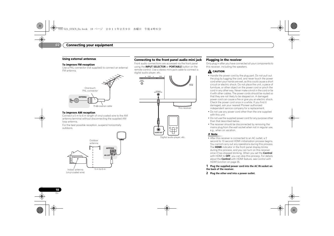 Using external antennas, Connecting to the front panel audio mini jack, Plugging in the receiver | Connecting your equipment 02 | Pioneer VSX-521 User Manual | Page 18 / 40