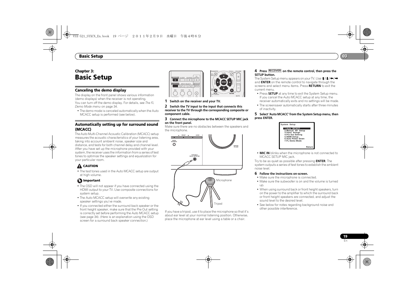 03 basic setup, Canceling the demo display, Basic setup | Chapter 3 | Pioneer VSX-521 User Manual | Page 19 / 40