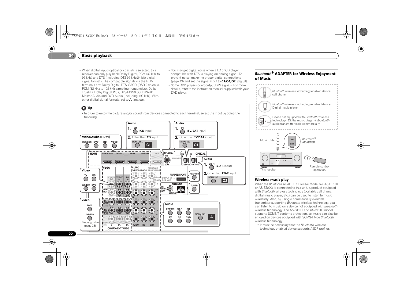 Bluetooth, Adapter for wireless enjoyment, Of music | Wireless music play, Basic playback 04 | Pioneer VSX-521 User Manual | Page 22 / 40