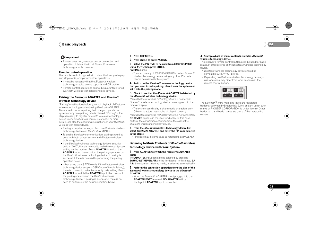 Pairing the bluetooth adapter and, Bluetooth, Wireless | Technology device | Pioneer VSX-521 User Manual | Page 23 / 40