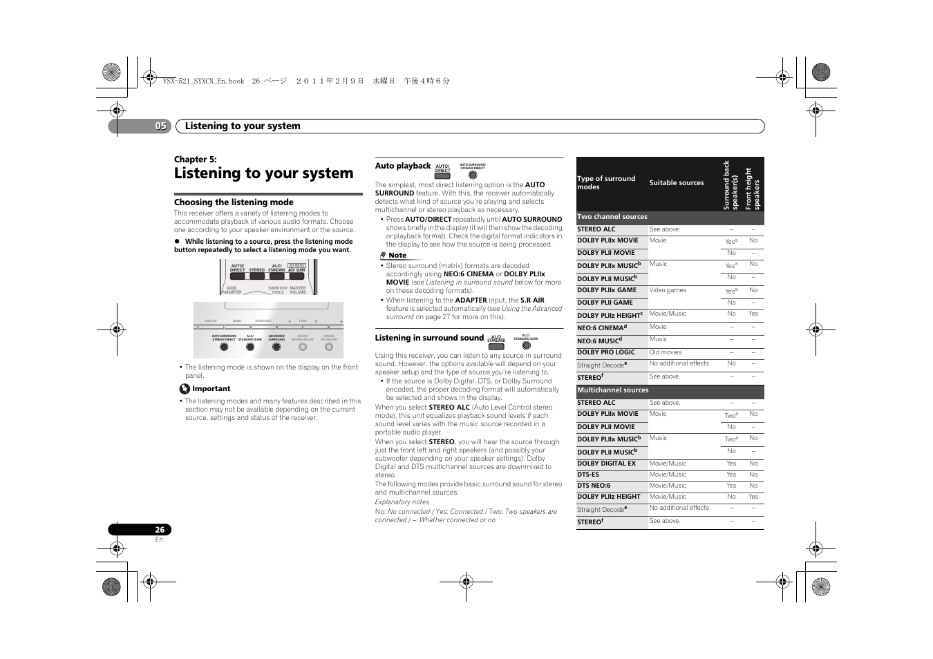 05 listening to your system, Choosing the listening mode, Auto playback | Listening in surround sound, Listening to your system, Listening to your system 05 | Pioneer VSX-521 User Manual | Page 26 / 40