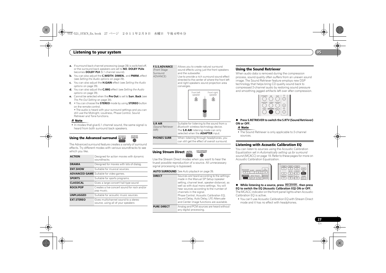 Using the advanced surround, Using stream direct, Using the sound retriever | Listening with acoustic calibration eq, Listening to your system | Pioneer VSX-521 User Manual | Page 27 / 40