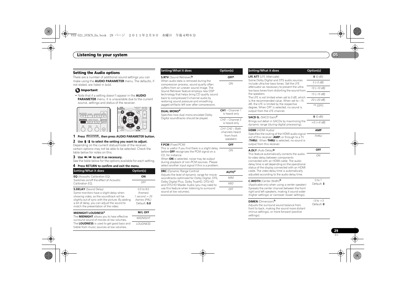 Setting the audio options, Listening to your system | Pioneer VSX-521 User Manual | Page 29 / 40