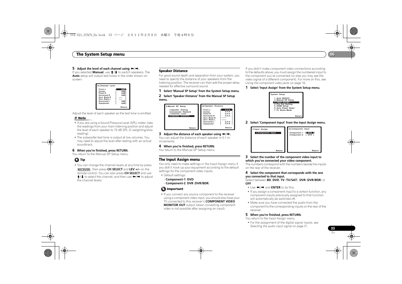 Speaker distance, The input assign menu, The system setup menu | Pioneer VSX-521 User Manual | Page 33 / 40