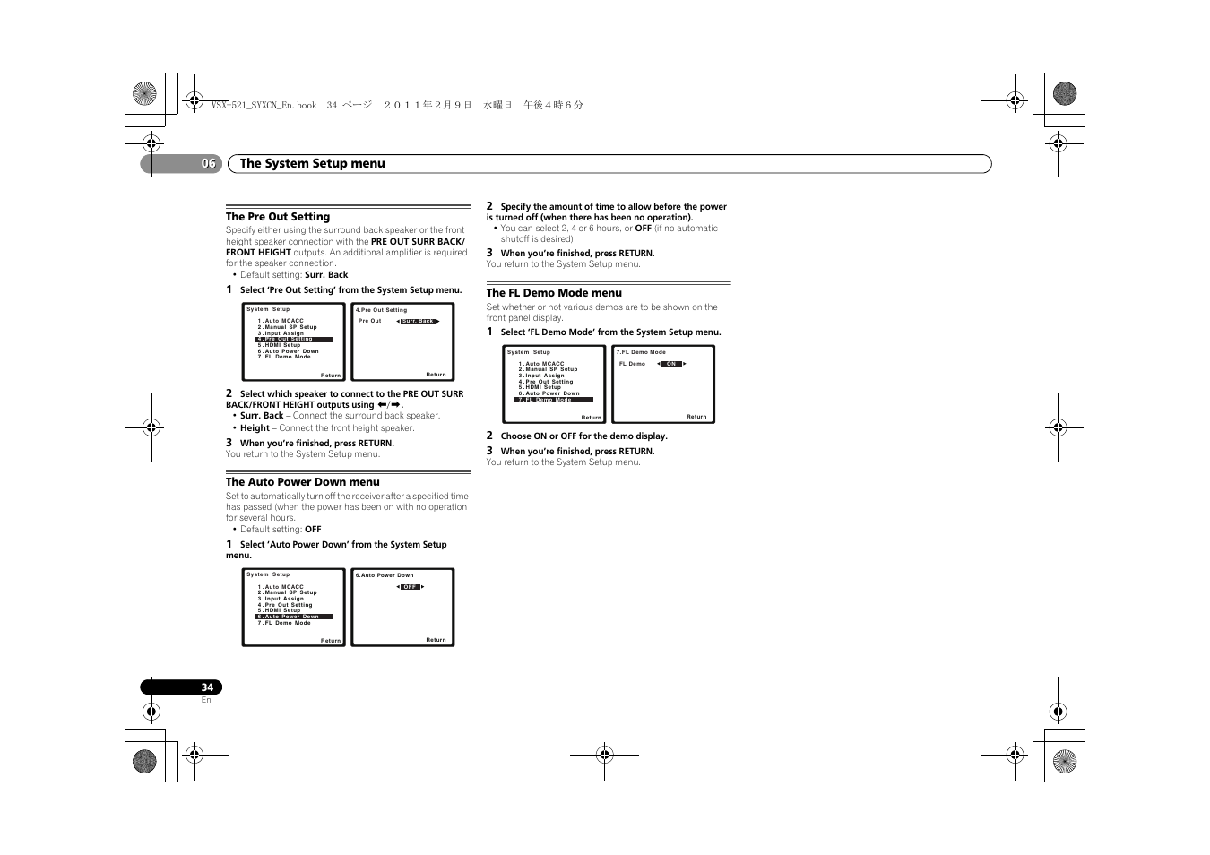 The pre out setting, The auto power down menu, The fl demo mode menu | The system setup menu 06 | Pioneer VSX-521 User Manual | Page 34 / 40