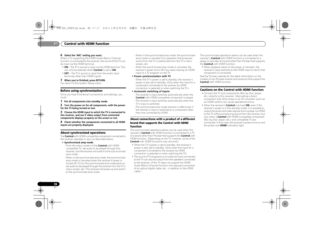 Before using synchronization, About synchronized operations, Cautions on the control with hdmi function | Pioneer VSX-521 User Manual | Page 36 / 40