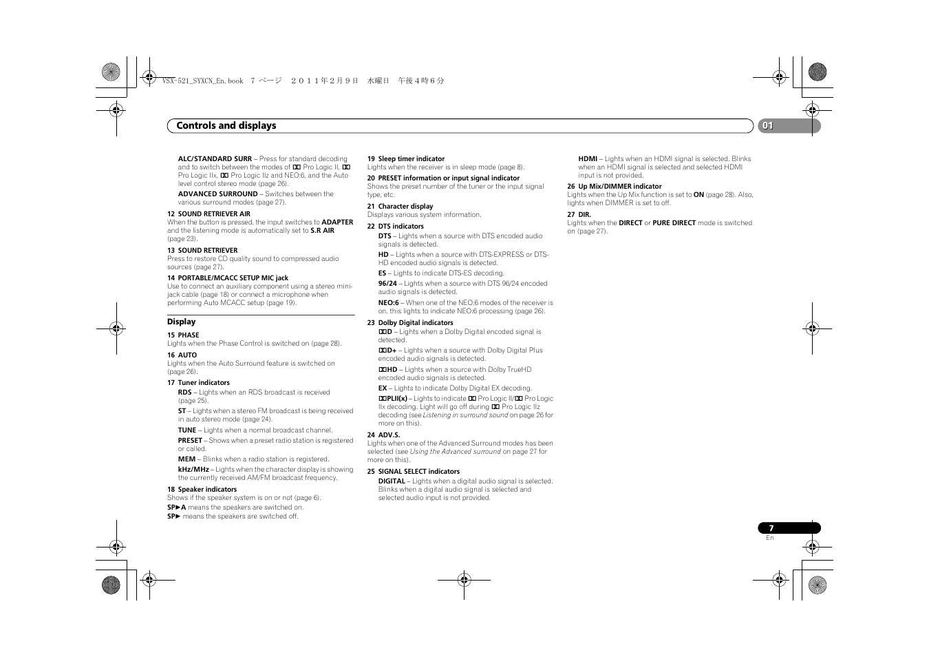 Display | Pioneer VSX-521 User Manual | Page 7 / 40
