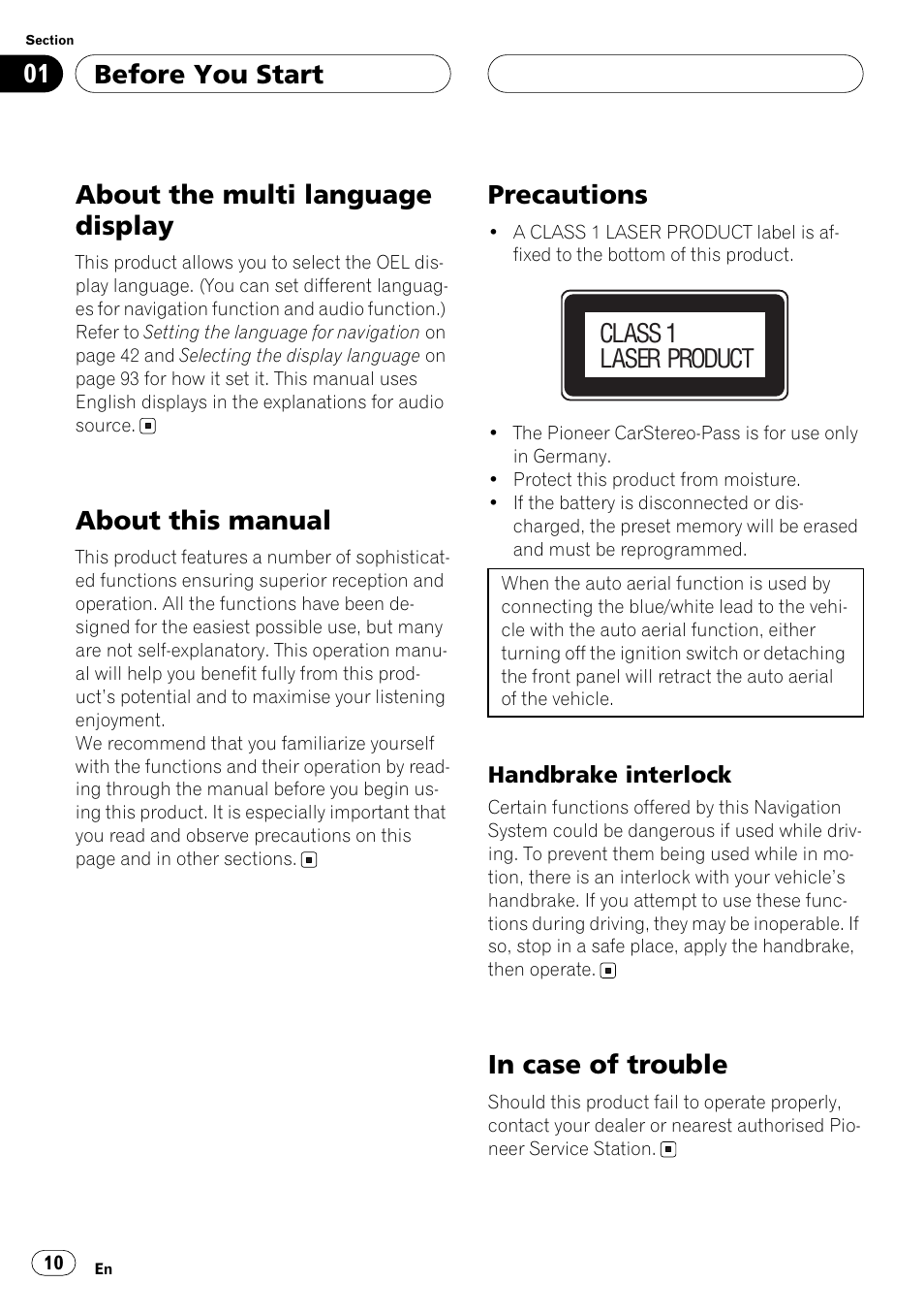 About the multi language display, About this manual, Precautions | Handbrake interlock, In case of trouble, Before you start, Class 1 laser product | Pioneer ANH-P10MP User Manual | Page 10 / 109