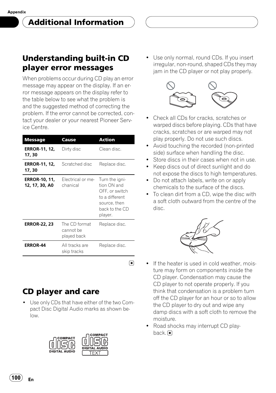 Messages, Cd player and care, Understanding | Pioneer ANH-P10MP User Manual | Page 100 / 109