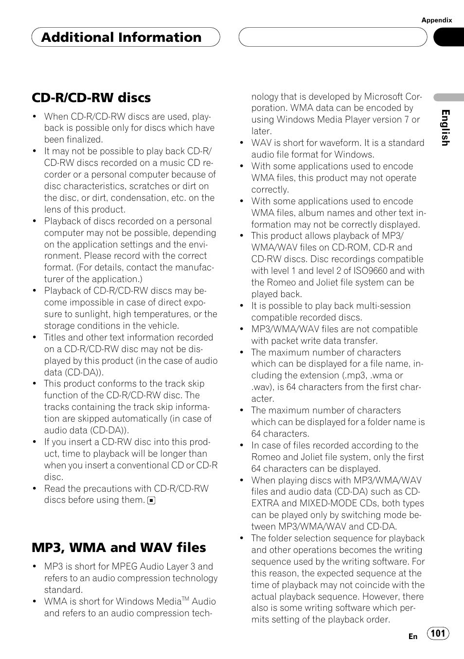 Cd-r/cd-rw discs, Mp3, wma and wav files, Additional information | Pioneer ANH-P10MP User Manual | Page 101 / 109