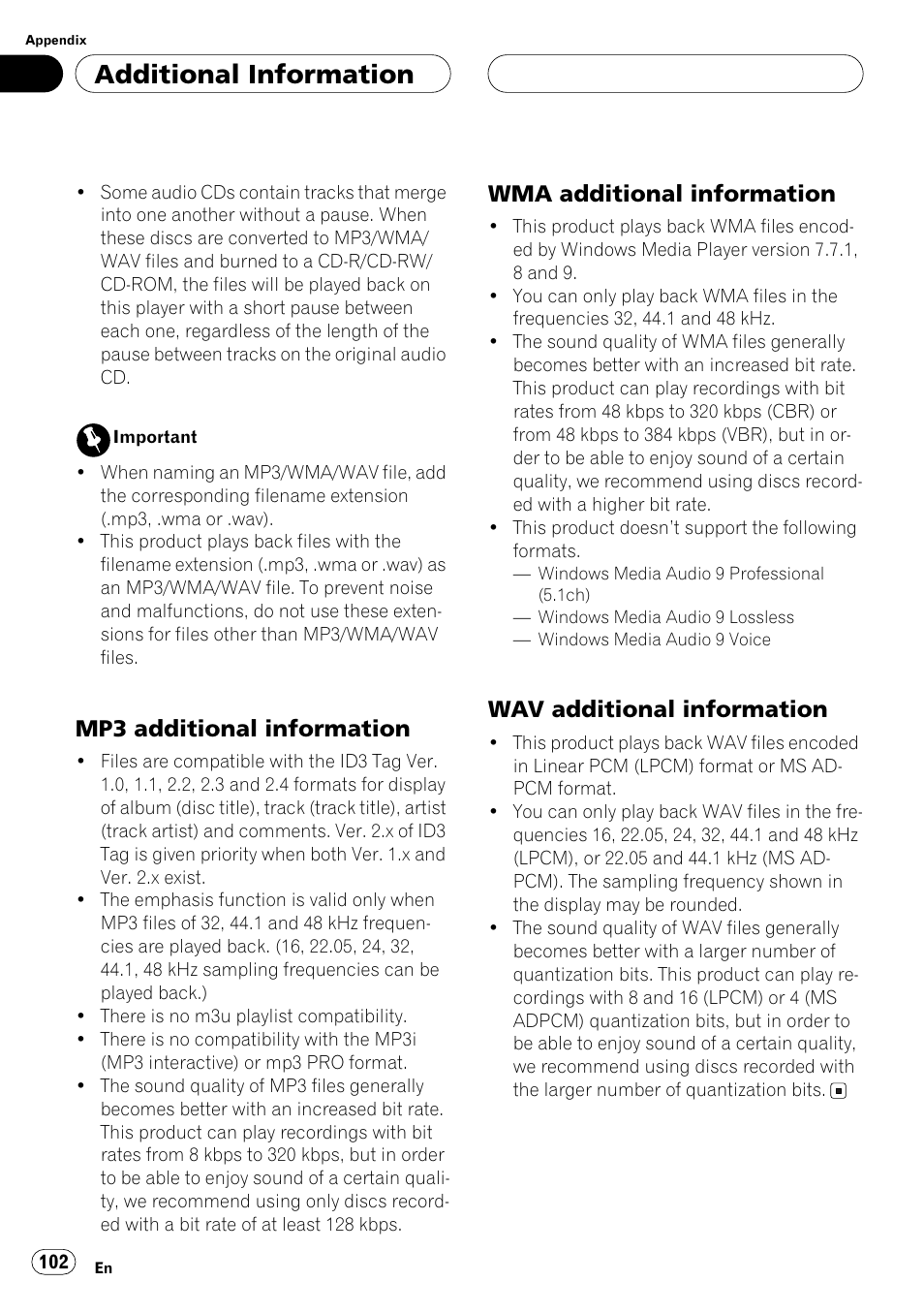 Mp3 additional information, Wma additional information, Wav additional information | Additional information | Pioneer ANH-P10MP User Manual | Page 102 / 109
