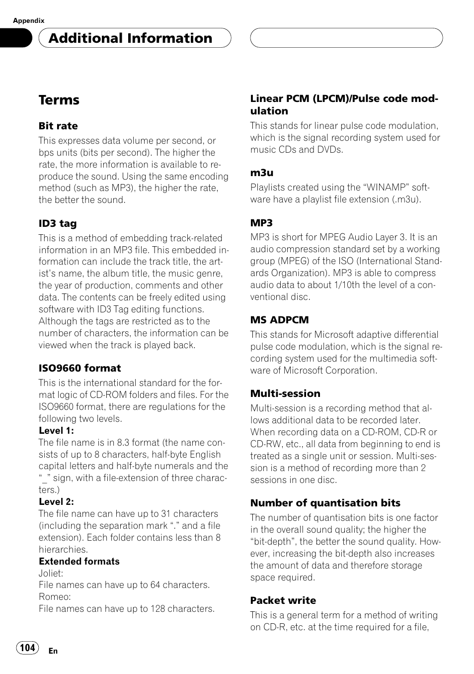 Terms, Additional information | Pioneer ANH-P10MP User Manual | Page 104 / 109