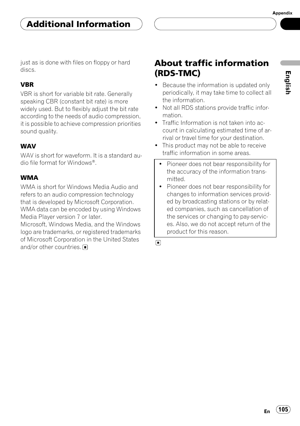 About traffic information (rds-tmc), Additional information | Pioneer ANH-P10MP User Manual | Page 105 / 109