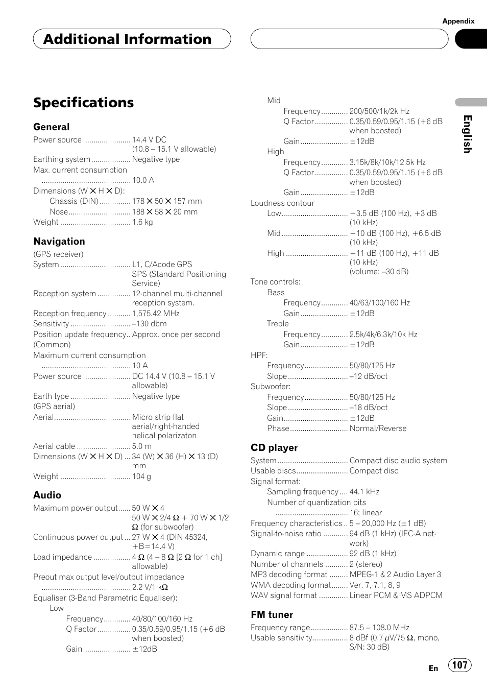 Specifications, Additional information, English | Pioneer ANH-P10MP User Manual | Page 107 / 109