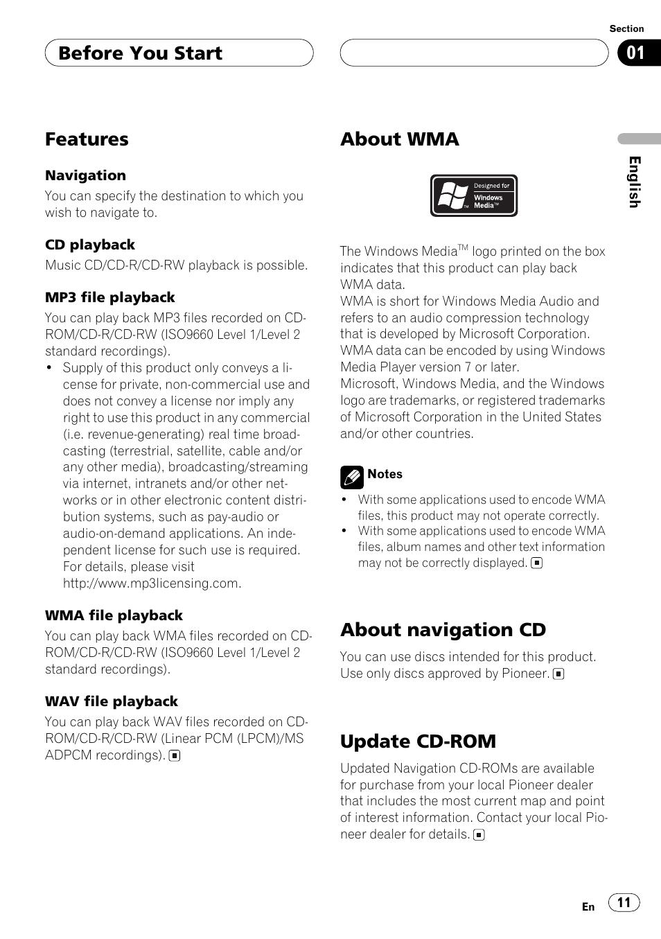 Features, About wma, About navigation cd | Update cd-rom, Before you start | Pioneer ANH-P10MP User Manual | Page 11 / 109