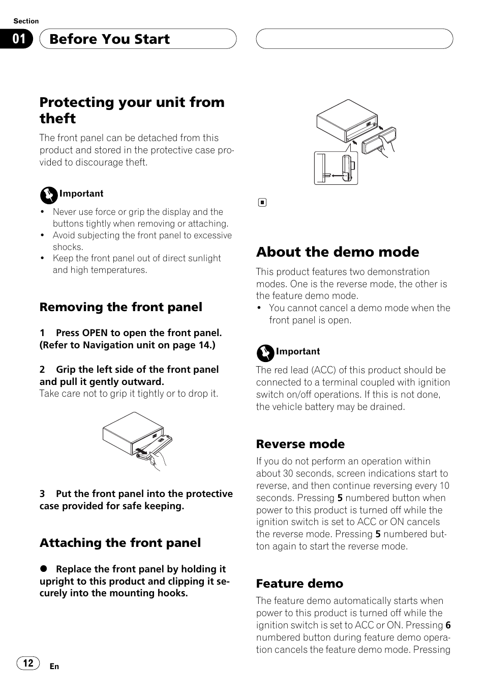 Protecting your unit from theft, Removing the front panel, Attaching the front panel | About the demo mode, Reverse mode, Feature demo, Before you start | Pioneer ANH-P10MP User Manual | Page 12 / 109