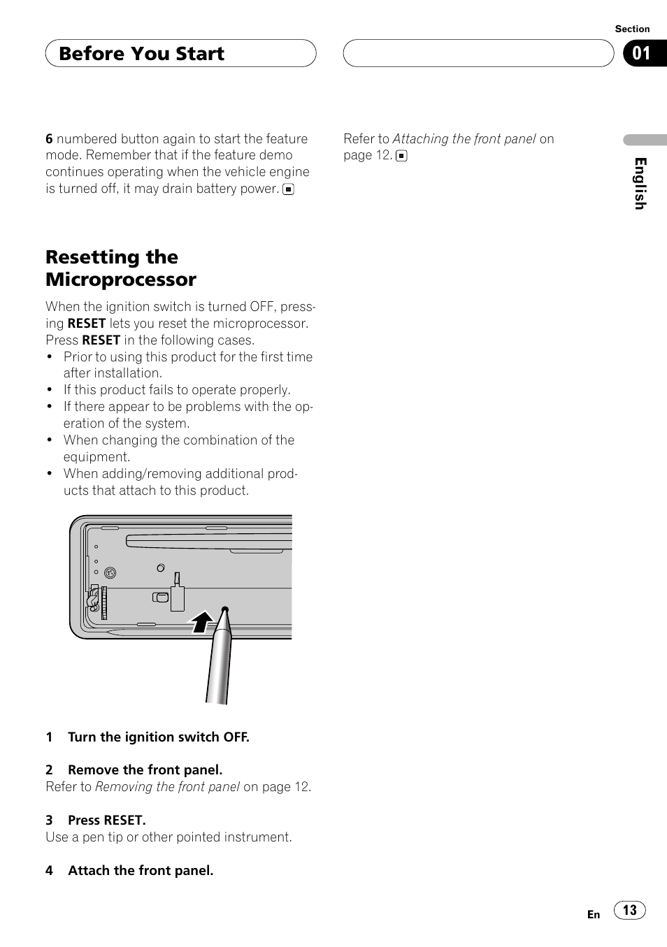 Resetting the microprocessor, Before you start | Pioneer ANH-P10MP User Manual | Page 13 / 109