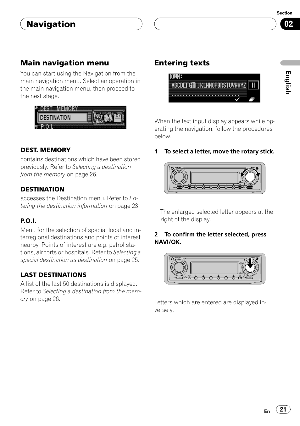 Main navigation menu, Entering texts, Main navigation menu on | Navigation | Pioneer ANH-P10MP User Manual | Page 21 / 109