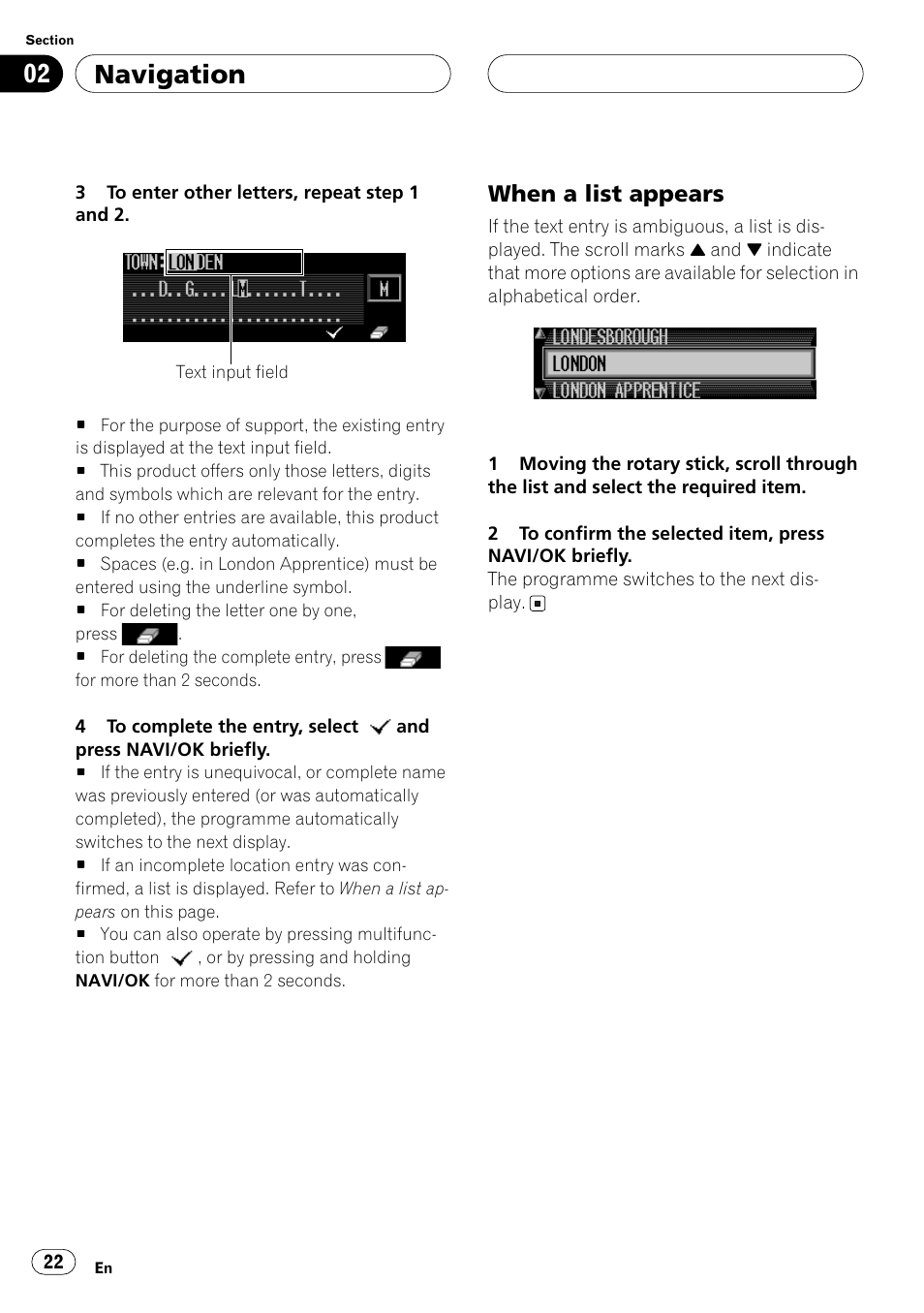 When a list appears, Navigation | Pioneer ANH-P10MP User Manual | Page 22 / 109