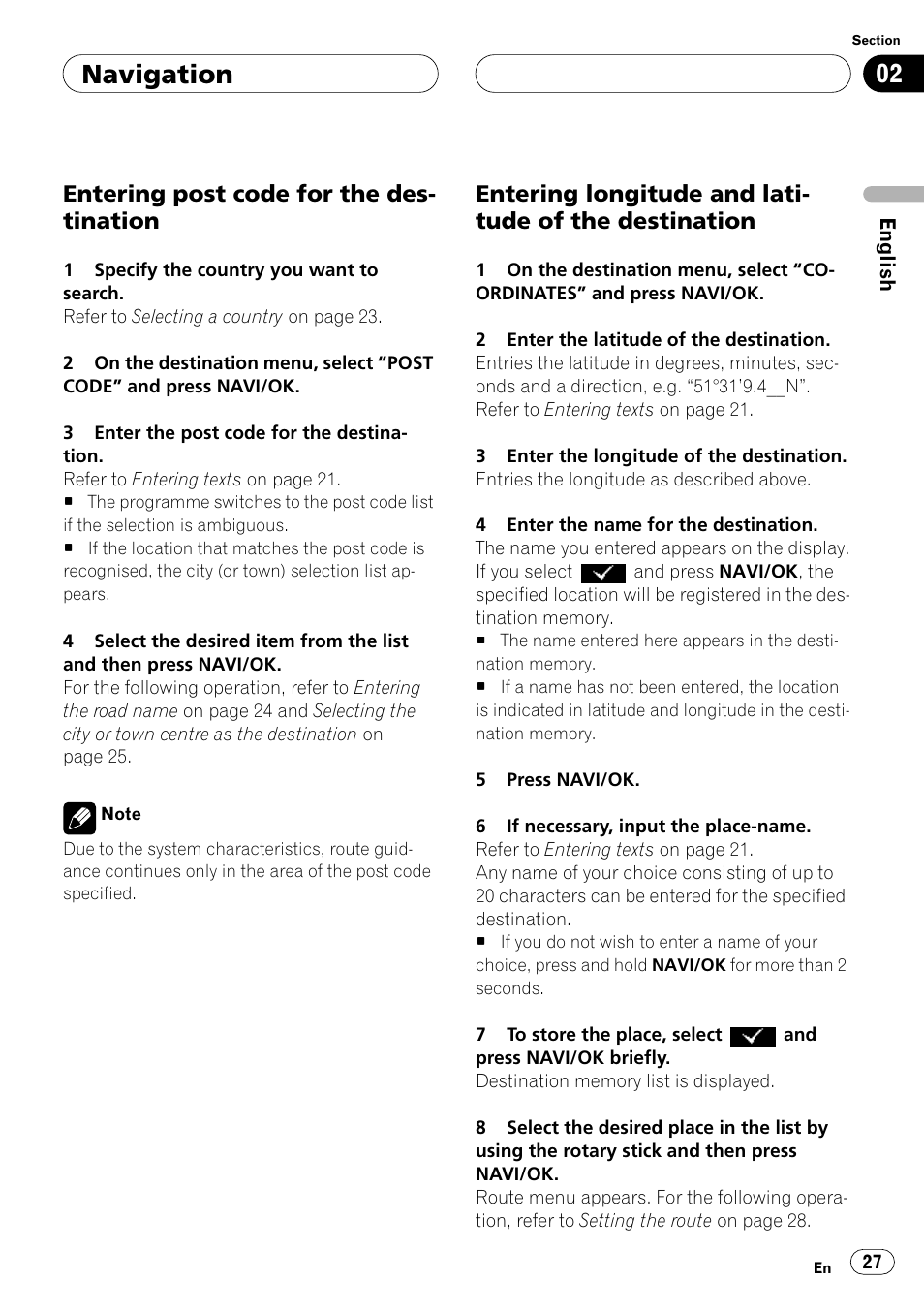 Entering post code for the destination, Entering longitude and latitude of the, Destination | Entering post code, Tude of your destination. refer to, Entering longi, Navigation, Entering post code for the des- tination | Pioneer ANH-P10MP User Manual | Page 27 / 109