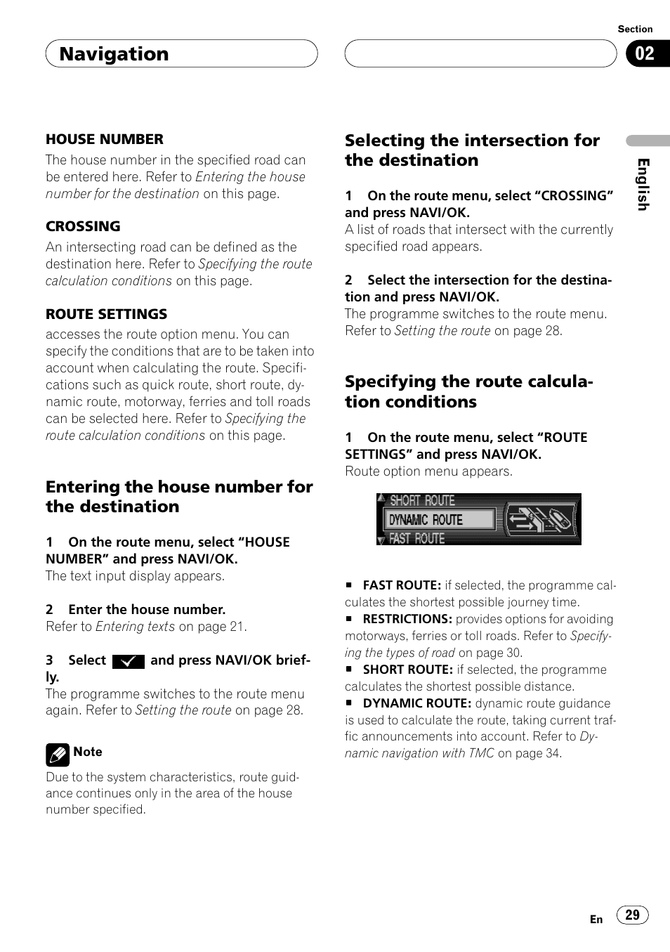 Entering the house number for the, Destination, Selecting the intersection for the | Specifying the route calculation, Conditions, Navigation, Entering the house number for the destination, Specifying the route calcula- tion conditions | Pioneer ANH-P10MP User Manual | Page 29 / 109