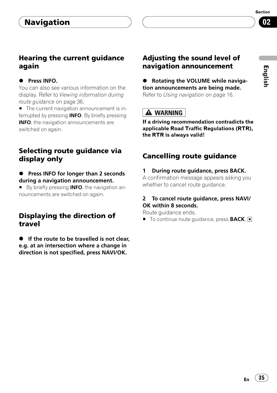 Hearing the current guidance again, Selecting route guidance via display, Only | Displaying the direction of travel, Adjusting the sound level of navigation, Announcement, Cancelling route guidance, Navigation | Pioneer ANH-P10MP User Manual | Page 35 / 109