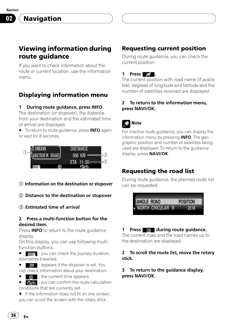 Viewing information during route guidance, Displaying information menu, Requesting current position | Requesting the road list, Requesting current position on, Viewing information during, Navigation | Pioneer ANH-P10MP User Manual | Page 36 / 109