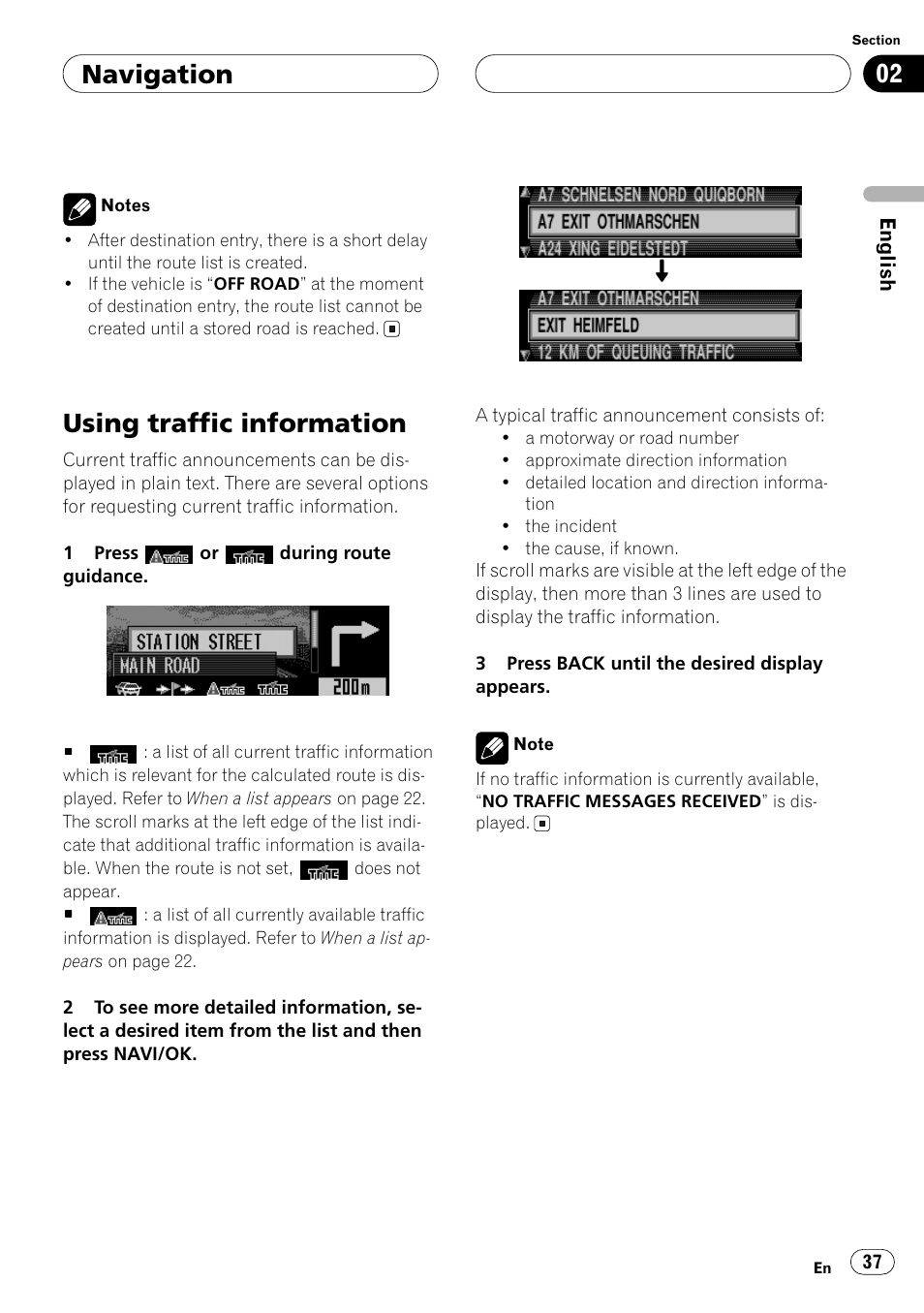 Using traffic information, Rently being driven. refer to, Using traffic infor | Displays all traffic information. refer to, Using, Navigation | Pioneer ANH-P10MP User Manual | Page 37 / 109