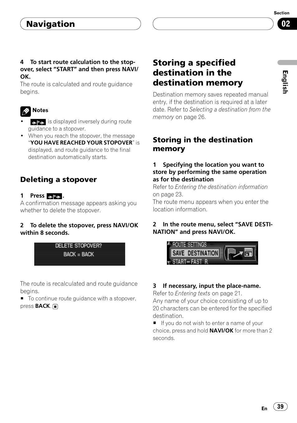 Deleting a stopover, Storing a specified destination in the, Destination memory | Storing in the destination memory, Storing a, Navigation | Pioneer ANH-P10MP User Manual | Page 39 / 109